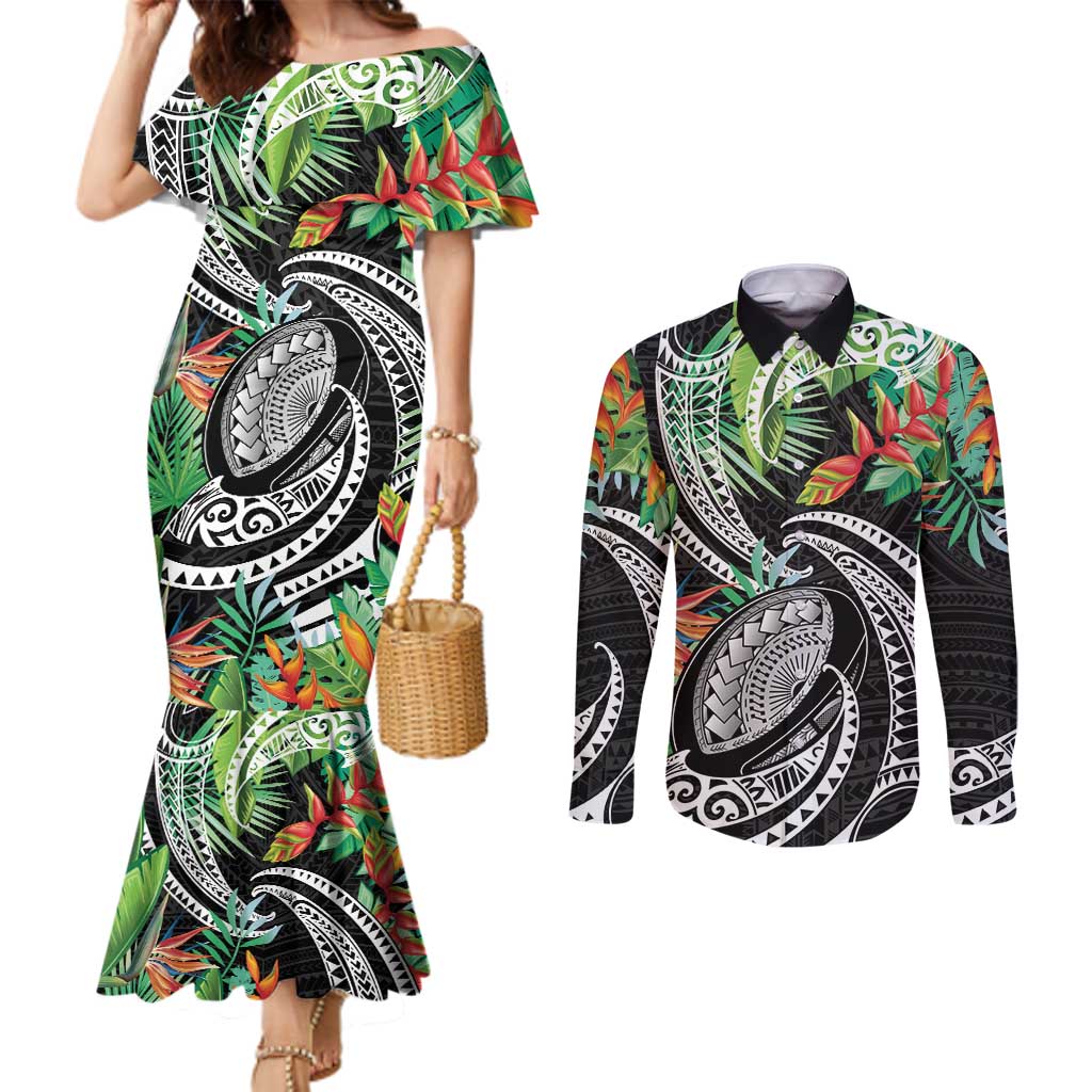 Polynesian Pacific Rugby Tribal Couples Matching Mermaid Dress and Long Sleeve Button Shirt Tropical Vibe
