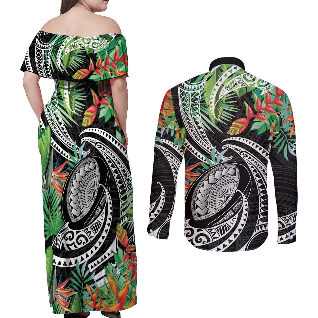 Polynesian Pacific Rugby Tribal Couples Matching Off Shoulder Maxi Dress and Long Sleeve Button Shirt Tropical Vibe