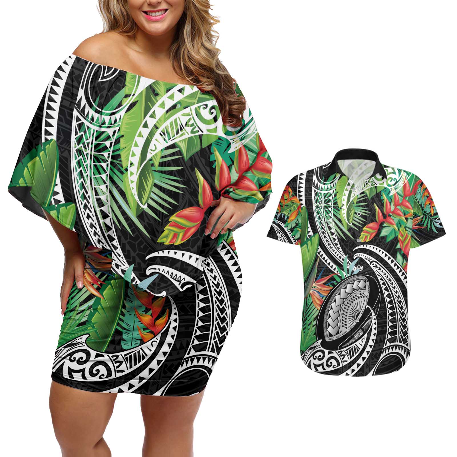 Polynesian Pacific Rugby Tribal Couples Matching Off Shoulder Short Dress and Hawaiian Shirt Tropical Vibe