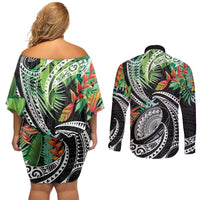 Polynesian Pacific Rugby Tribal Couples Matching Off Shoulder Short Dress and Long Sleeve Button Shirt Tropical Vibe