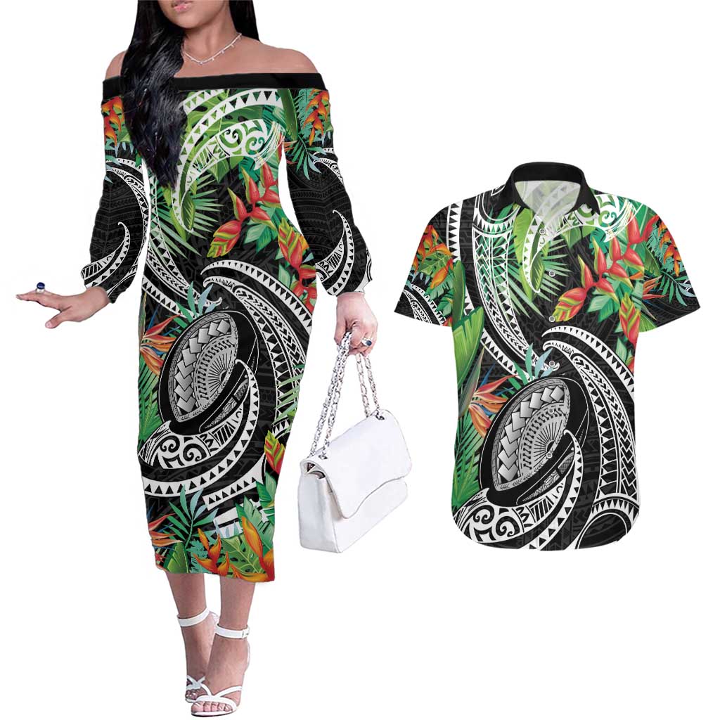 Polynesian Pacific Rugby Tribal Couples Matching Off The Shoulder Long Sleeve Dress and Hawaiian Shirt Tropical Vibe