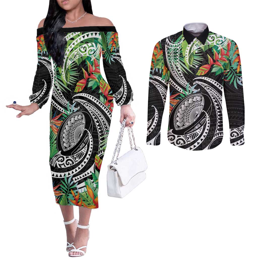 Polynesian Pacific Rugby Tribal Couples Matching Off The Shoulder Long Sleeve Dress and Long Sleeve Button Shirt Tropical Vibe