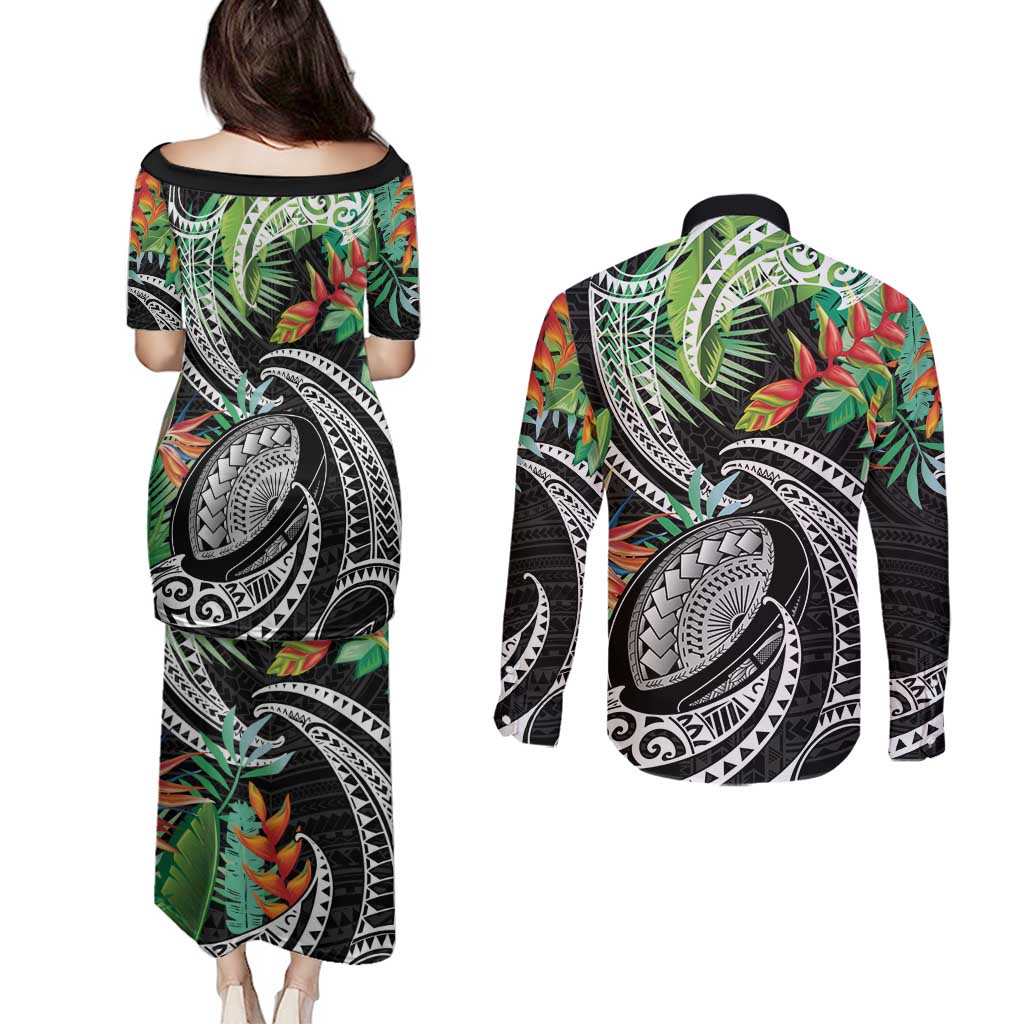 Polynesian Pacific Rugby Tribal Couples Matching Puletasi and Long Sleeve Button Shirt Tropical Vibe