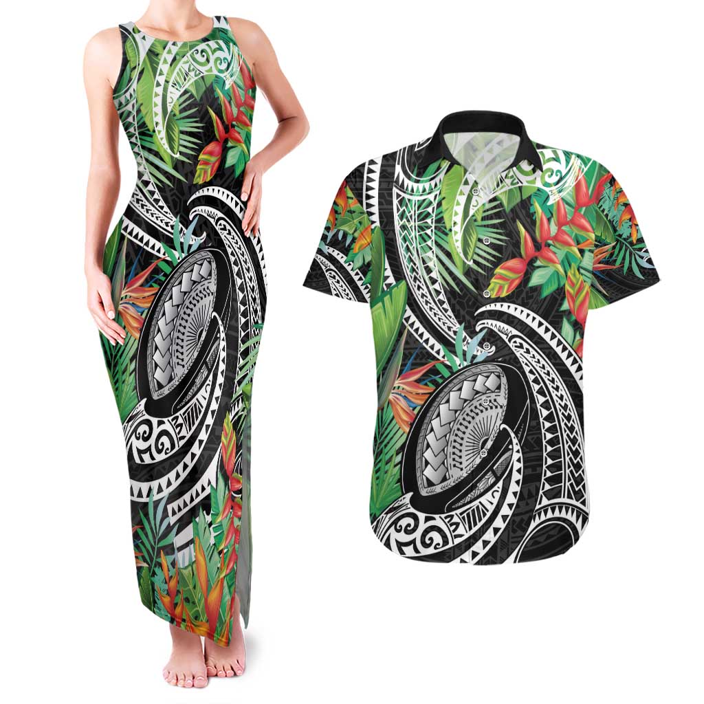 Polynesian Pacific Rugby Tribal Couples Matching Tank Maxi Dress and Hawaiian Shirt Tropical Vibe