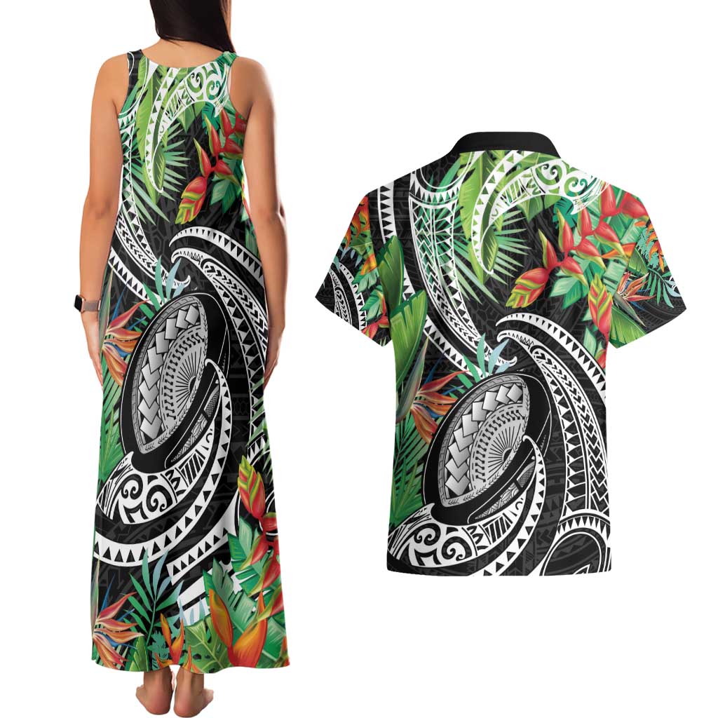 Polynesian Pacific Rugby Tribal Couples Matching Tank Maxi Dress and Hawaiian Shirt Tropical Vibe