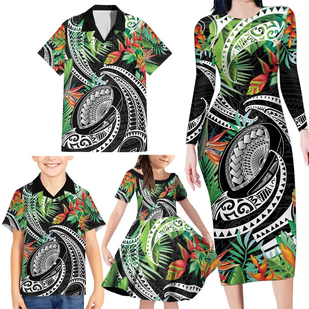 Polynesian Pacific Rugby Tribal Family Matching Long Sleeve Bodycon Dress and Hawaiian Shirt Tropical Vibe