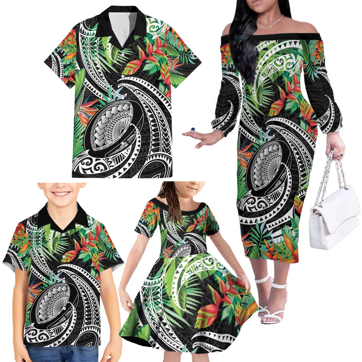 Polynesian Pacific Rugby Tribal Family Matching Off The Shoulder Long Sleeve Dress and Hawaiian Shirt Tropical Vibe