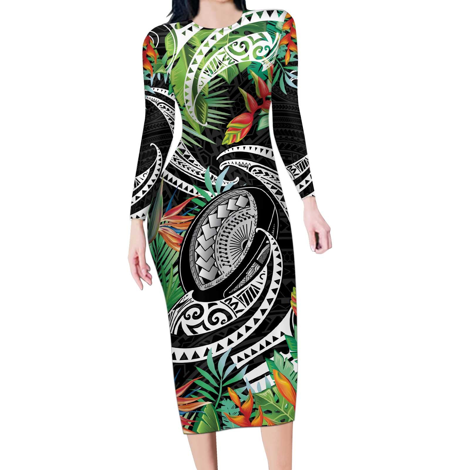 Polynesian Pacific Rugby Tribal Long Sleeve Bodycon Dress Tropical Vibe