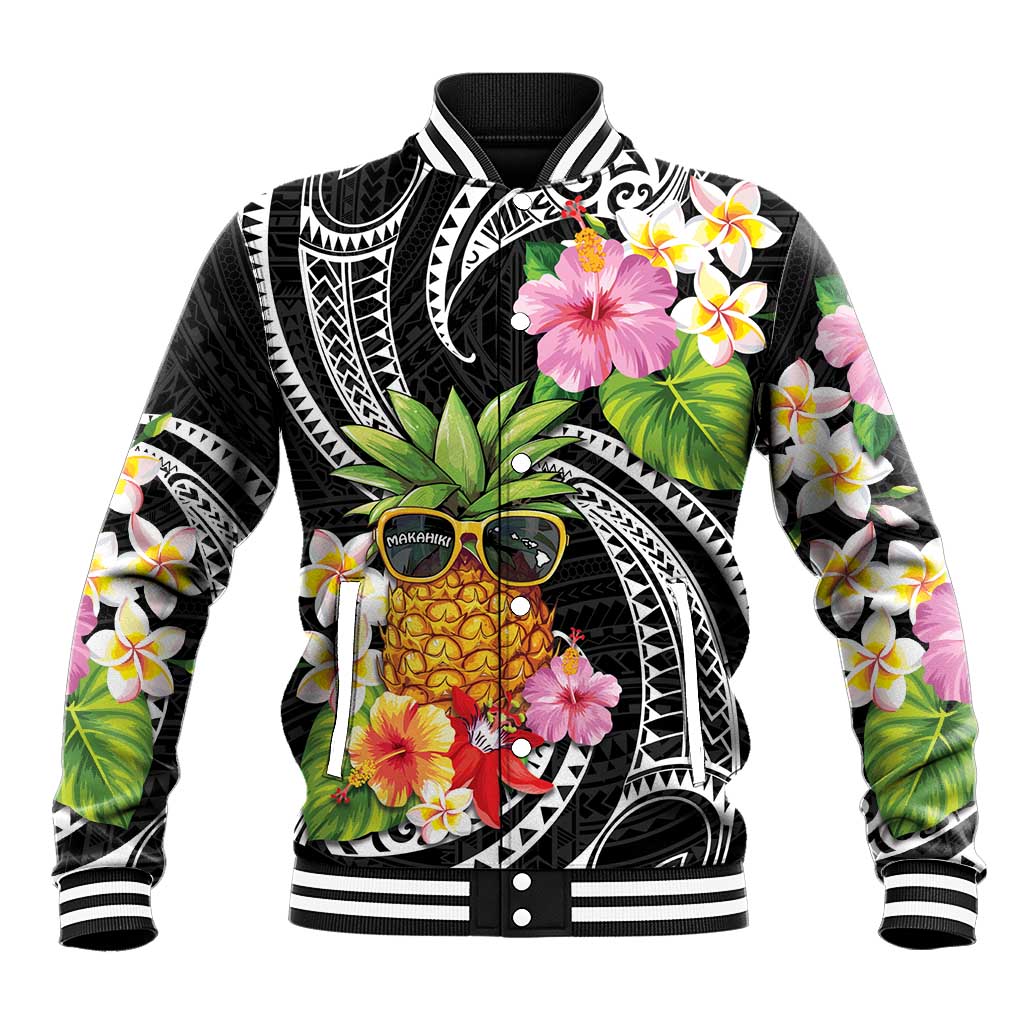 Hau'oli Makahiki Hou Baseball Jacket Aloha Pineapple Tropical Vibe LT9 Unisex Black - Polynesian Pride