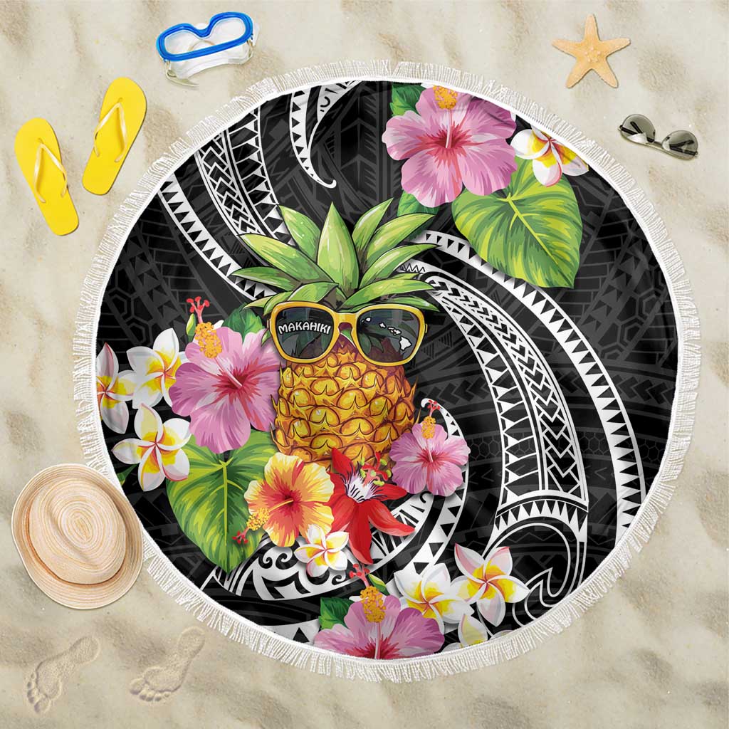 Hau'oli Makahiki Hou Beach Blanket Aloha Pineapple Tropical Vibe LT9 One Size 150cm Black - Polynesian Pride