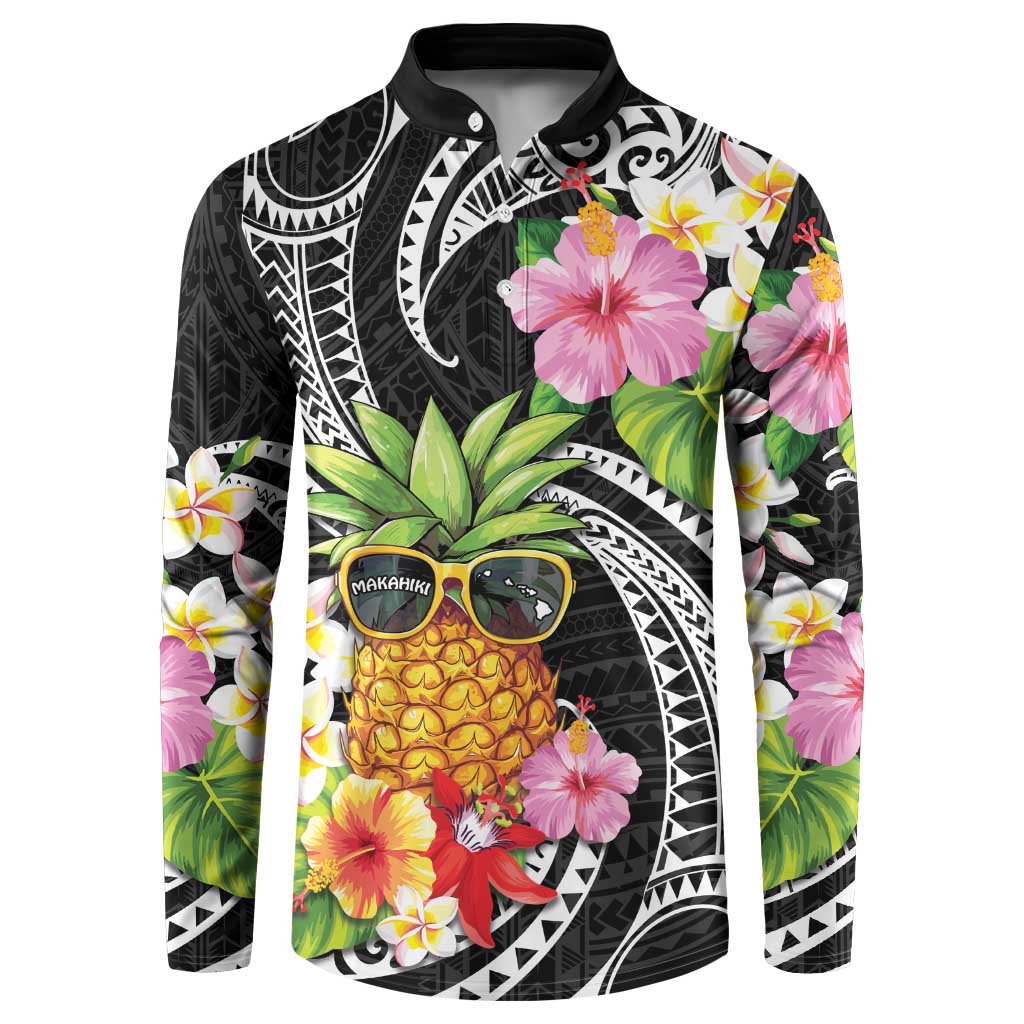 Hau'oli Makahiki Hou Button Sweatshirt Aloha Pineapple Tropical Vibe