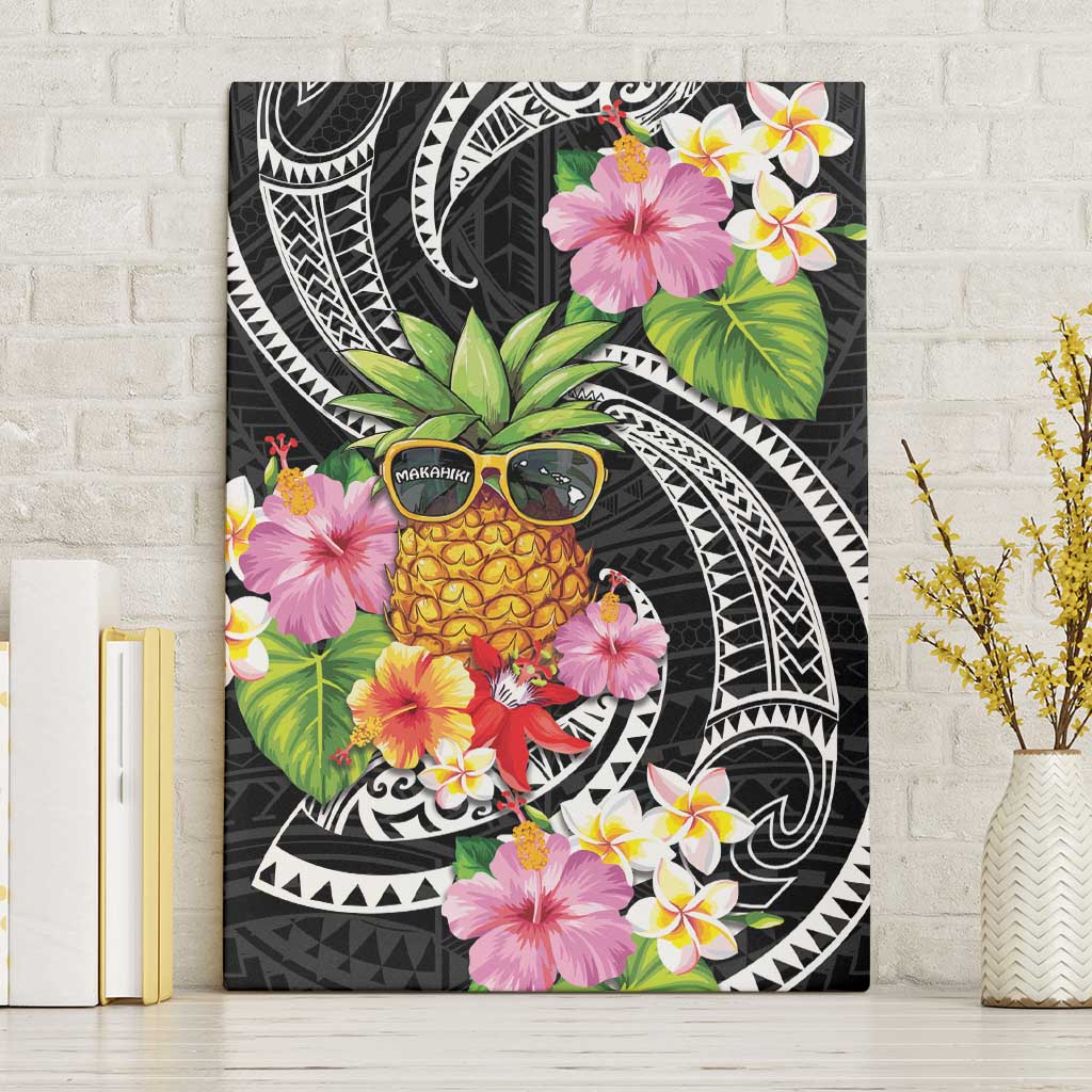 Hau'oli Makahiki Hou Canvas Wall Art Aloha Pineapple Tropical Vibe LT9 Without Frame Black - Polynesian Pride
