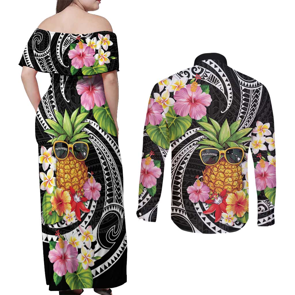Hau'oli Makahiki Hou Couples Matching Off Shoulder Maxi Dress and Long Sleeve Button Shirt Aloha Pineapple Tropical Vibe LT9 - Polynesian Pride