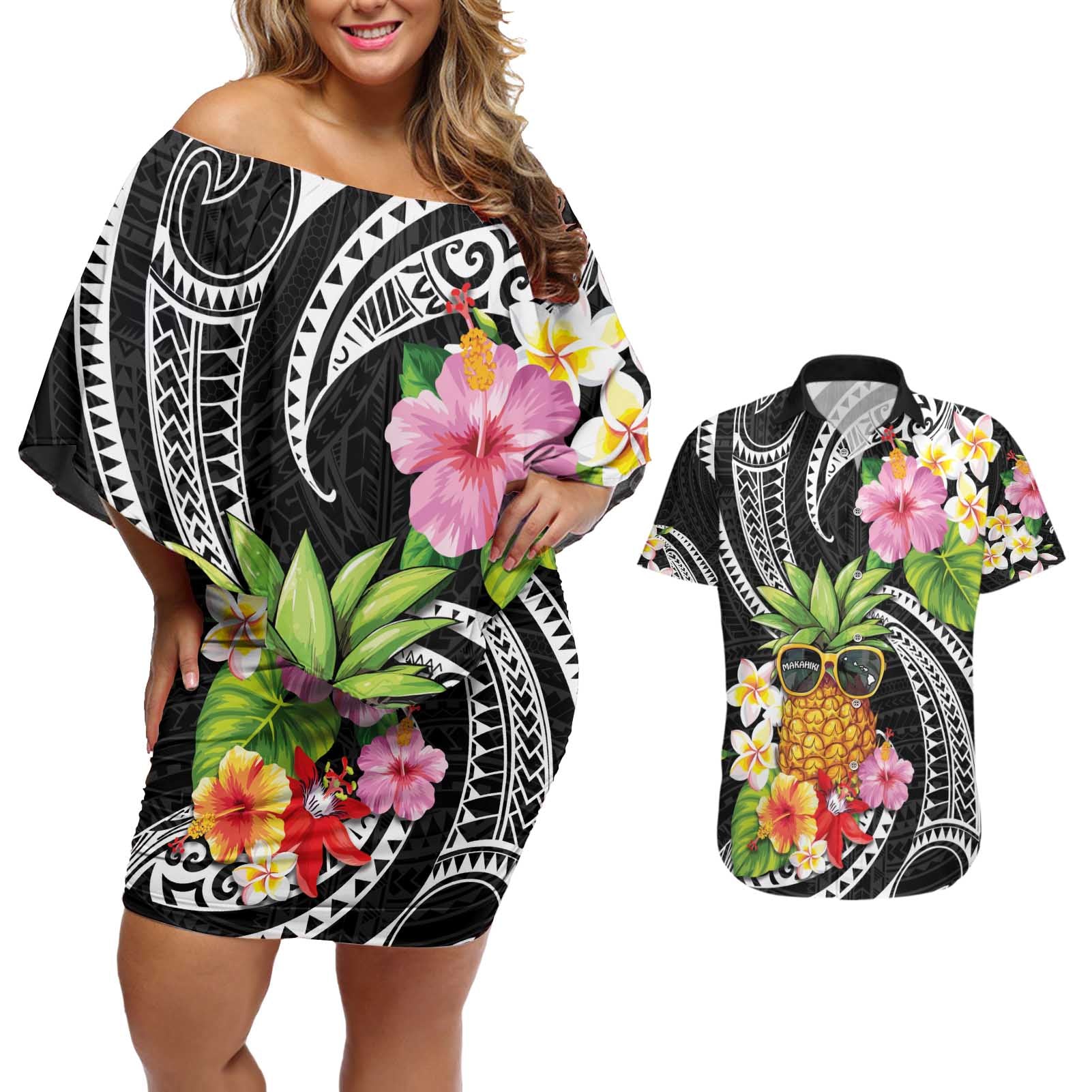 Hau'oli Makahiki Hou Couples Matching Off Shoulder Short Dress and Hawaiian Shirt Aloha Pineapple Tropical Vibe