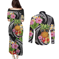 Hau'oli Makahiki Hou Couples Matching Puletasi and Long Sleeve Button Shirt Aloha Pineapple Tropical Vibe LT9 - Polynesian Pride