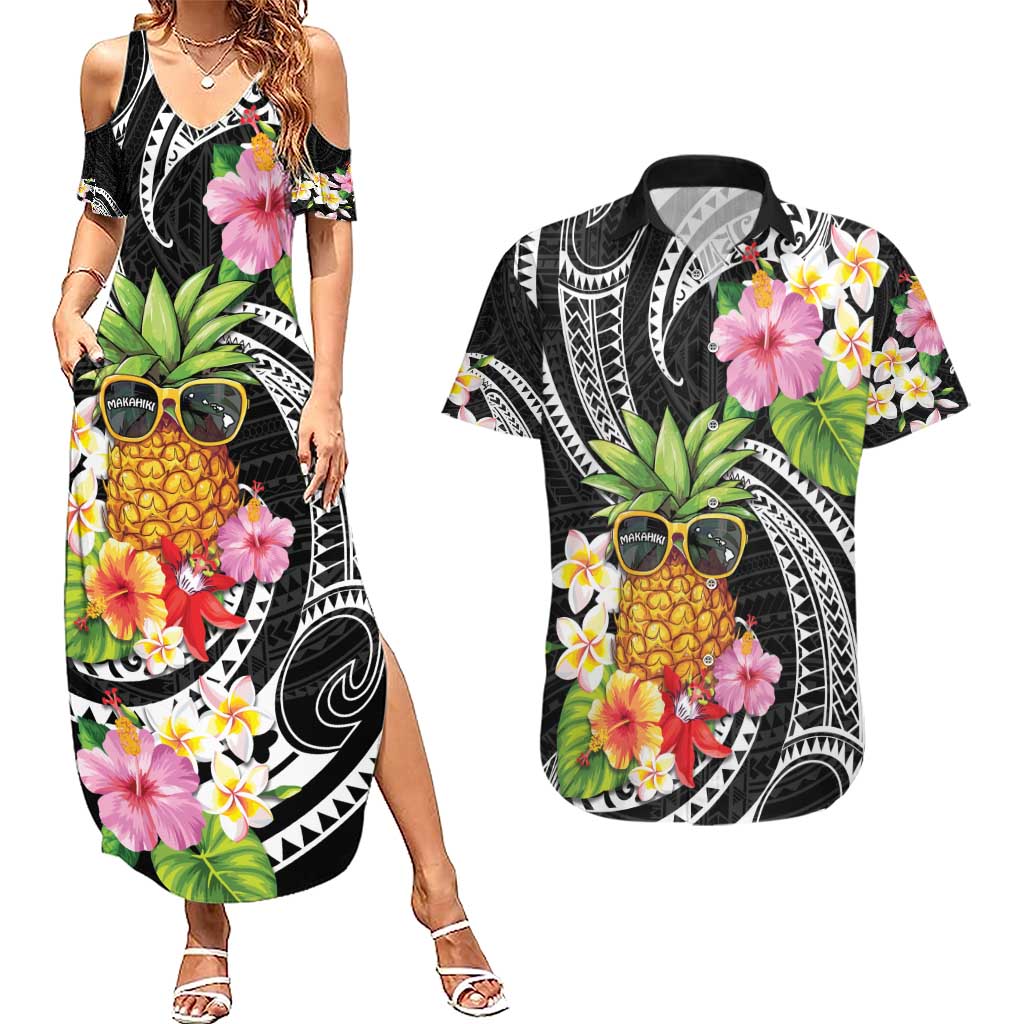 Hau'oli Makahiki Hou Couples Matching Summer Maxi Dress and Hawaiian Shirt Aloha Pineapple Tropical Vibe