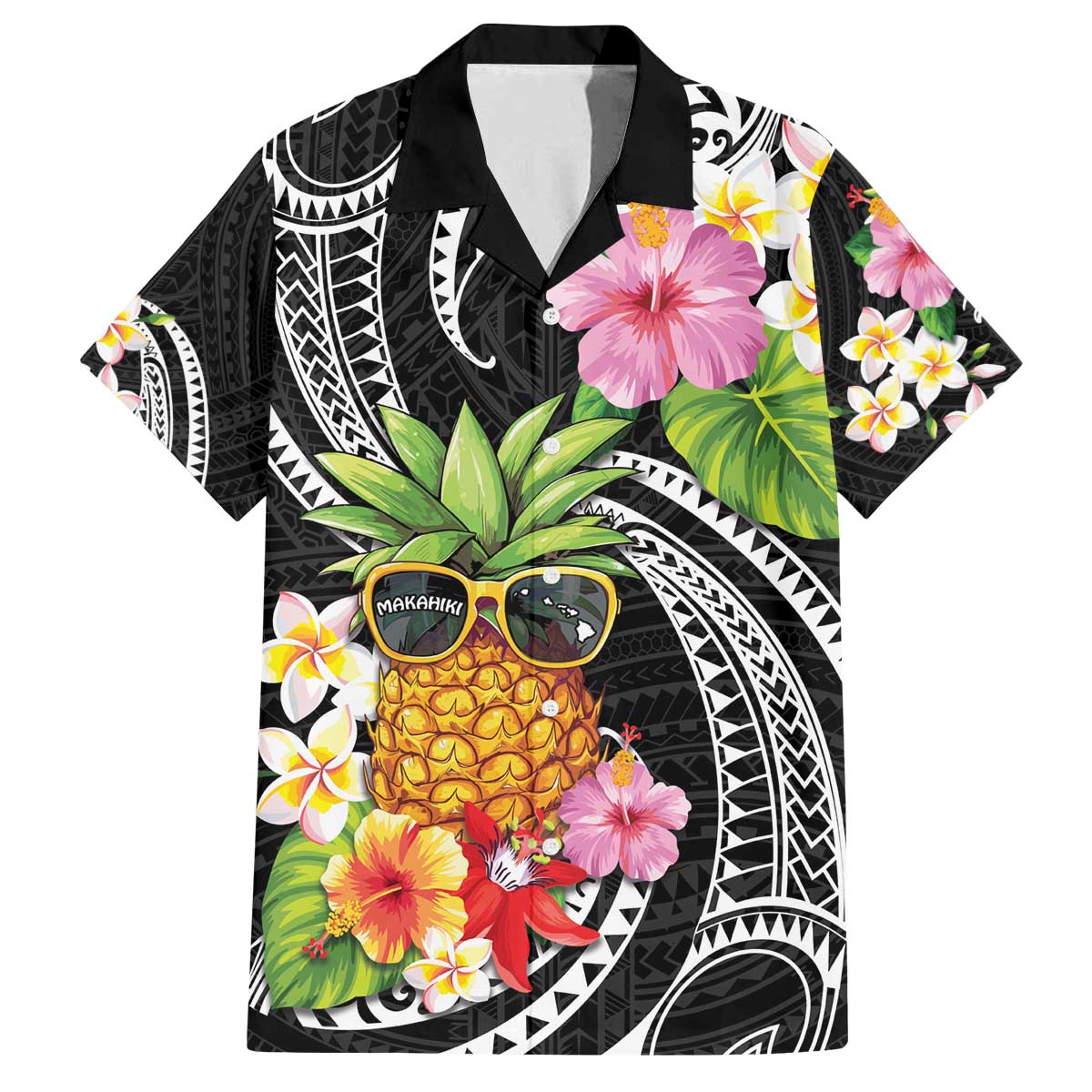 Hau'oli Makahiki Hou Family Matching Off Shoulder Short Dress and Hawaiian Shirt Aloha Pineapple Tropical Vibe LT9 Dad's Shirt - Short Sleeve Black - Polynesian Pride