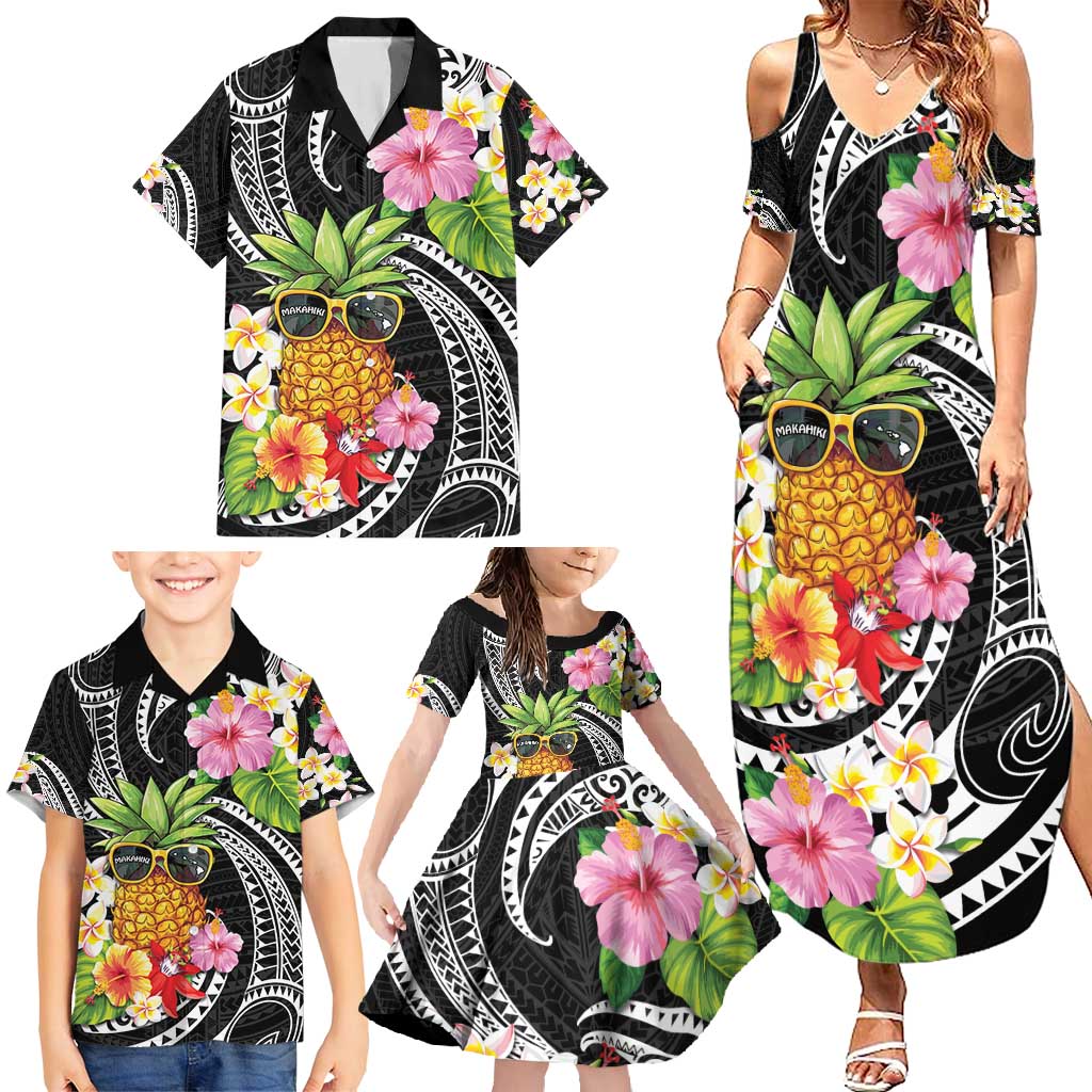 Hau'oli Makahiki Hou Family Matching Summer Maxi Dress and Hawaiian Shirt Aloha Pineapple Tropical Vibe