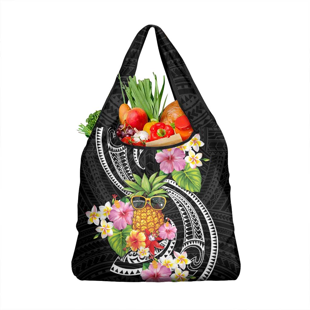 Hau'oli Makahiki Hou Grocery Bag Aloha Pineapple Tropical Vibe LT9 1-pack One Size Black - Polynesian Pride