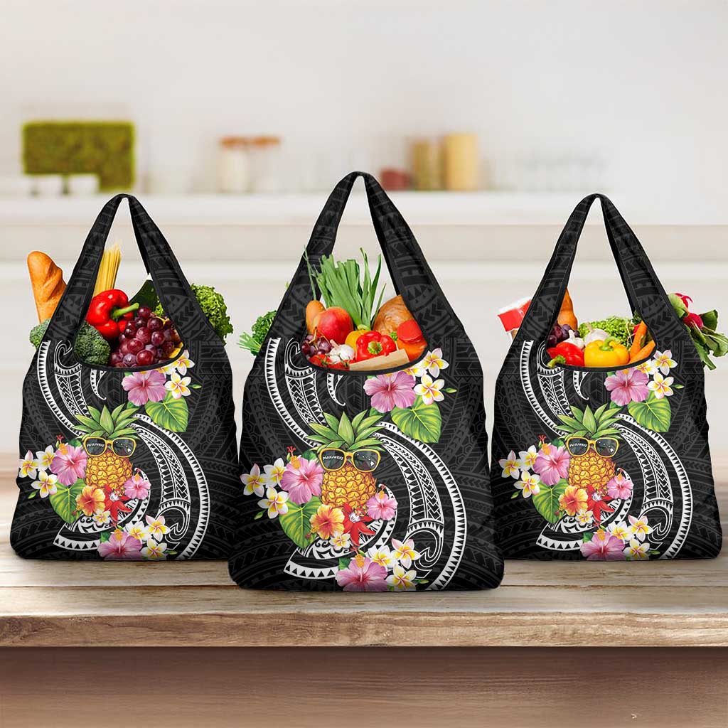 Hau'oli Makahiki Hou Grocery Bag Aloha Pineapple Tropical Vibe LT9 3-pack One Size Black - Polynesian Pride