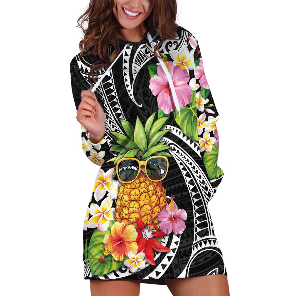 Hau'oli Makahiki Hou Hoodie Dress Aloha Pineapple Tropical Vibe LT9 Black - Polynesian Pride