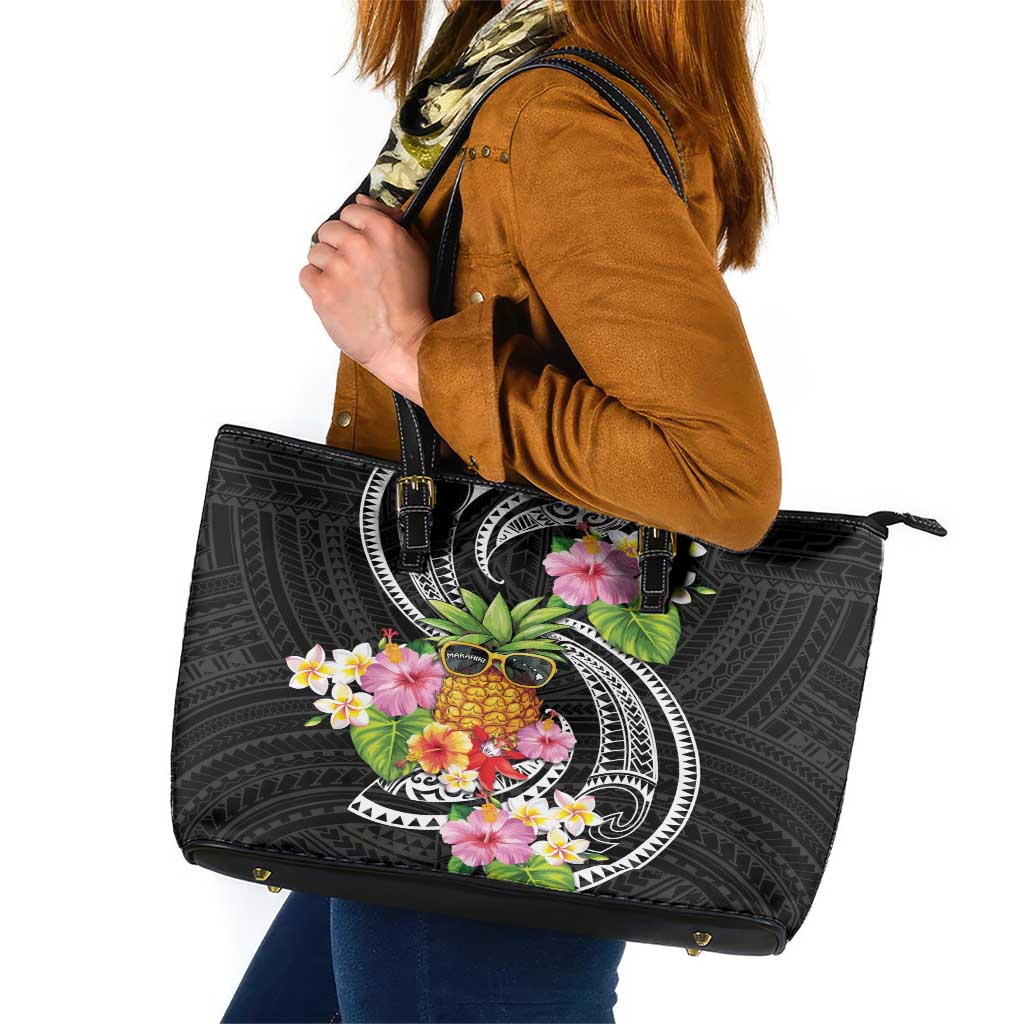 Hau'oli Makahiki Hou Leather Tote Bag Aloha Pineapple Tropical Vibe LT9 Black - Polynesian Pride