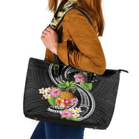 Hau'oli Makahiki Hou Leather Tote Bag Aloha Pineapple Tropical Vibe LT9 Black - Polynesian Pride
