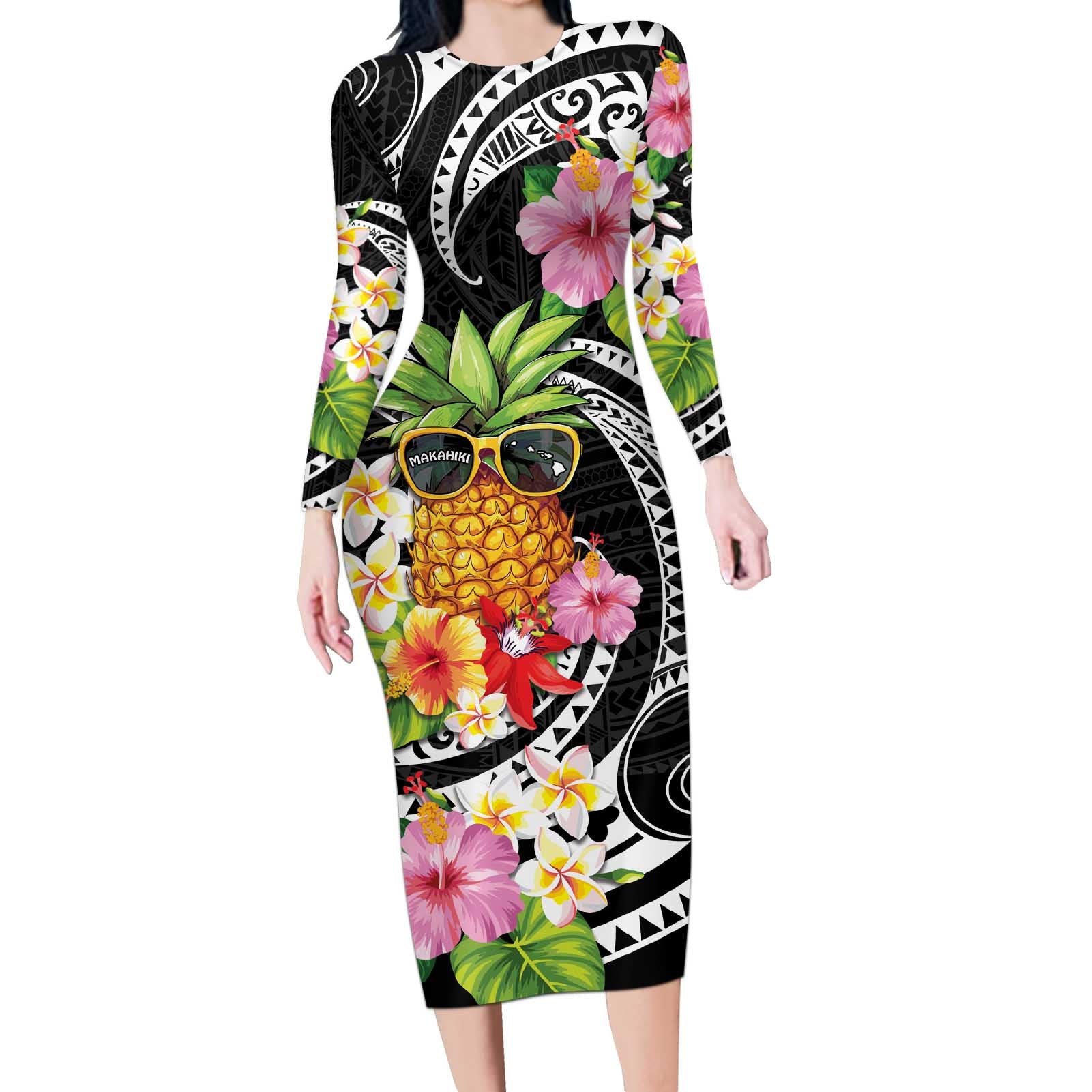 Hau'oli Makahiki Hou Long Sleeve Bodycon Dress Aloha Pineapple Tropical Vibe