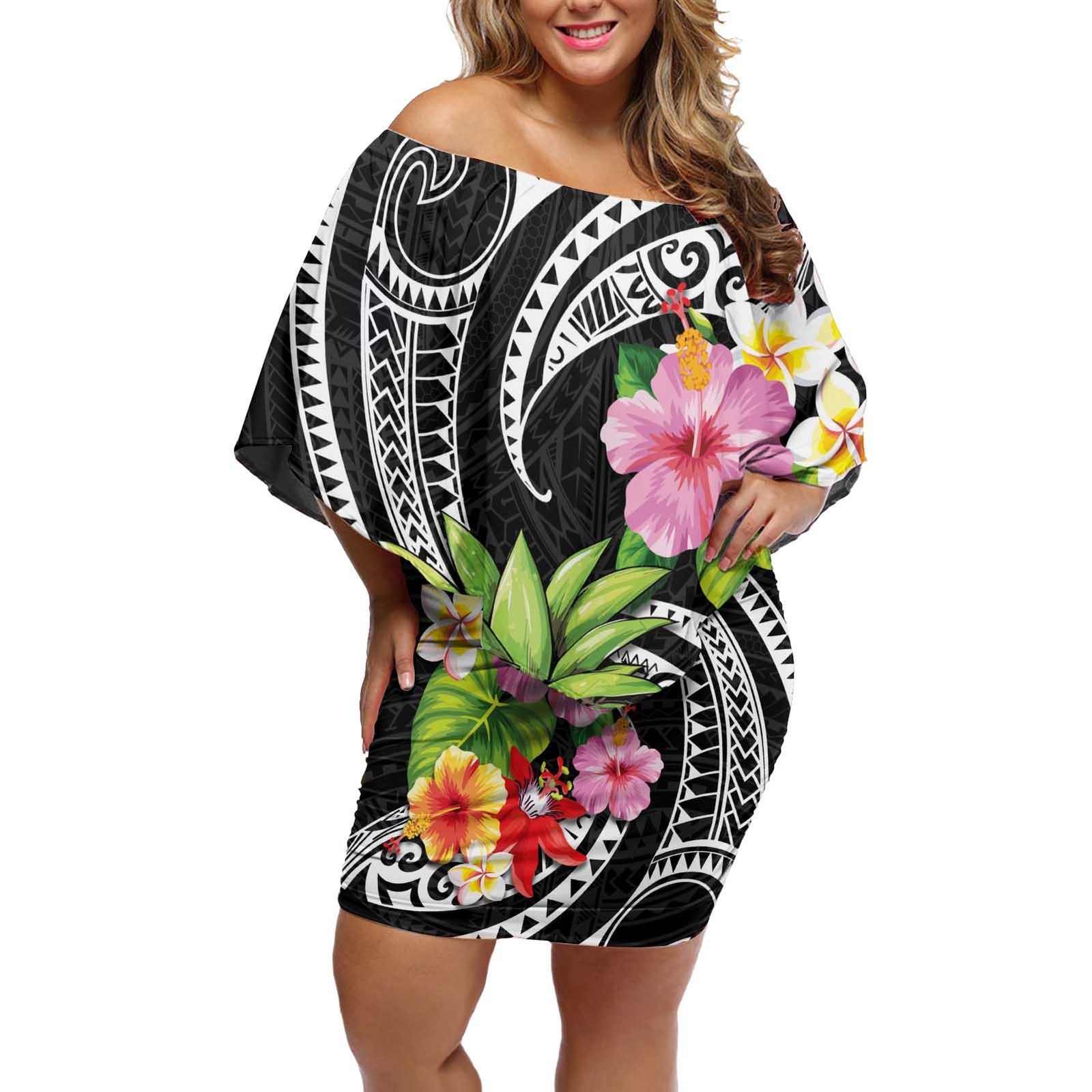 Hau'oli Makahiki Hou Off Shoulder Short Dress Aloha Pineapple Tropical Vibe LT9 Women Black - Polynesian Pride