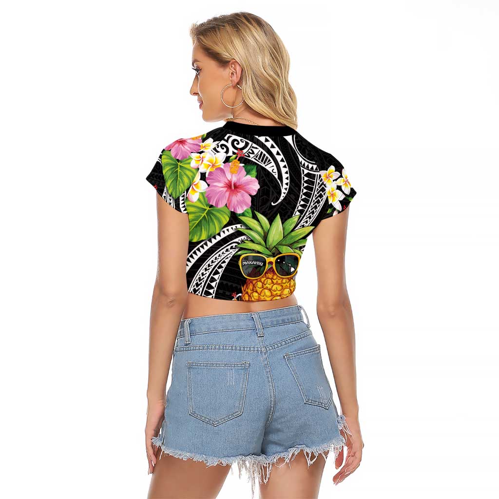 Hau'oli Makahiki Hou Raglan Cropped T Shirt Aloha Pineapple Tropical Vibe LT9 - Polynesian Pride