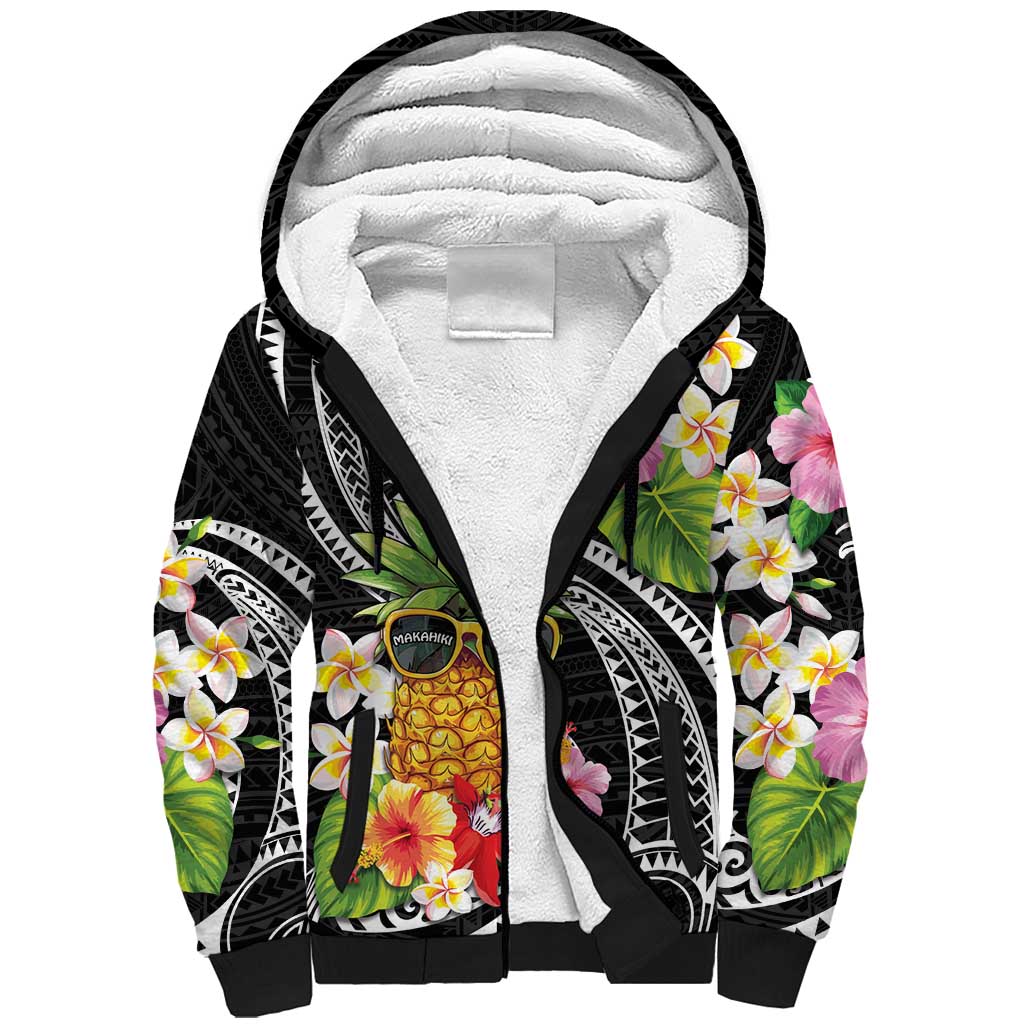 Hau'oli Makahiki Hou Sherpa Hoodie Aloha Pineapple Tropical Vibe LT9 Unisex Black - Polynesian Pride