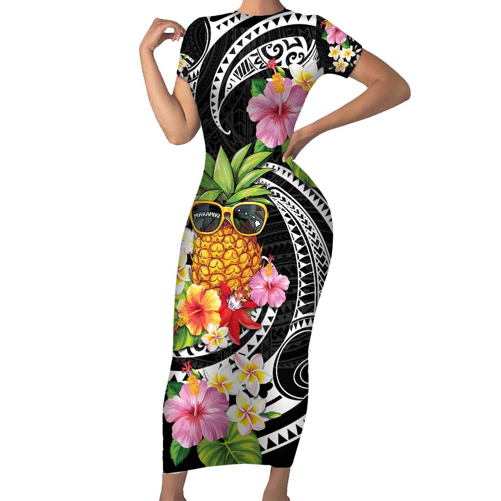 Hau'oli Makahiki Hou Short Sleeve Bodycon Dress Aloha Pineapple Tropical Vibe