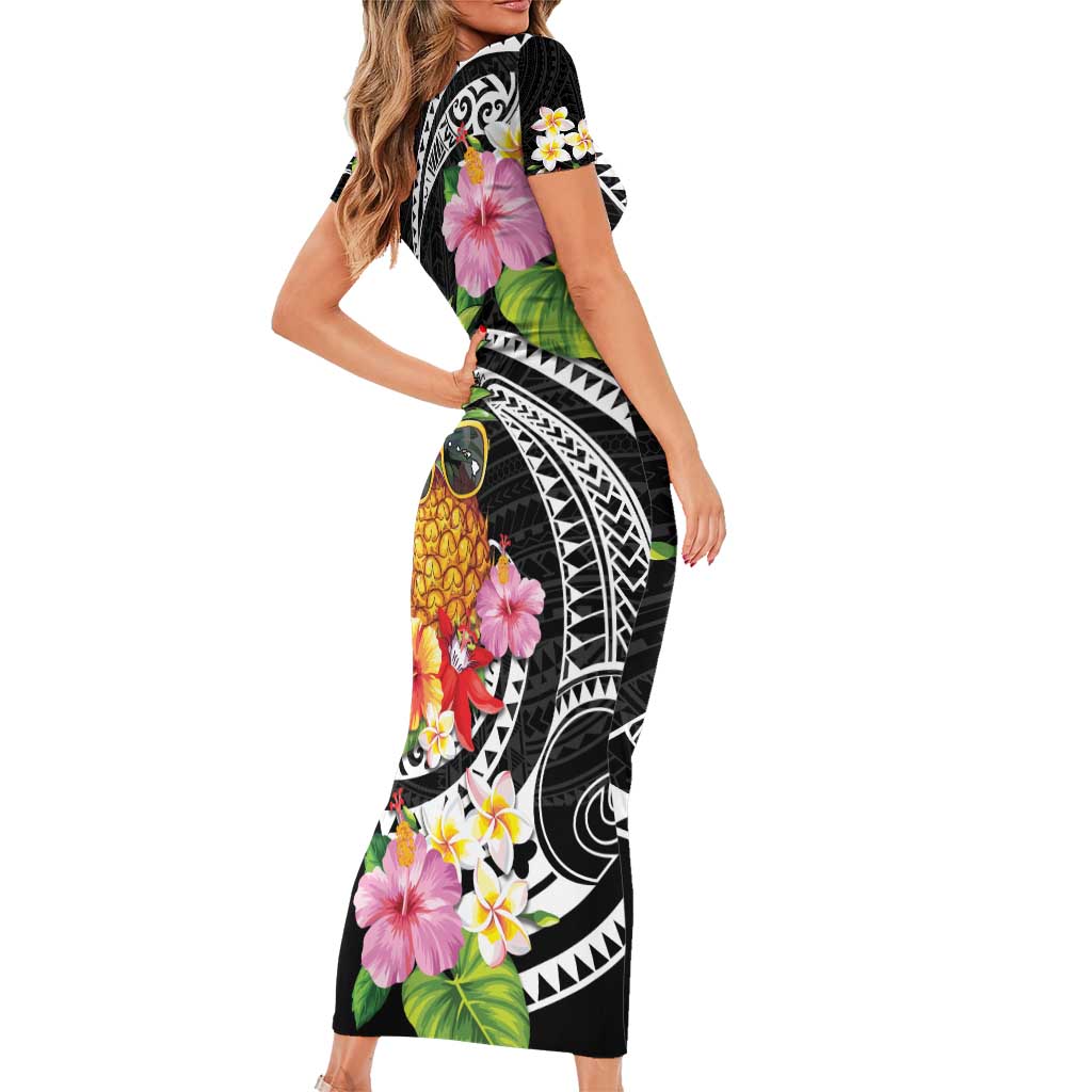 Hau'oli Makahiki Hou Short Sleeve Bodycon Dress Aloha Pineapple Tropical Vibe