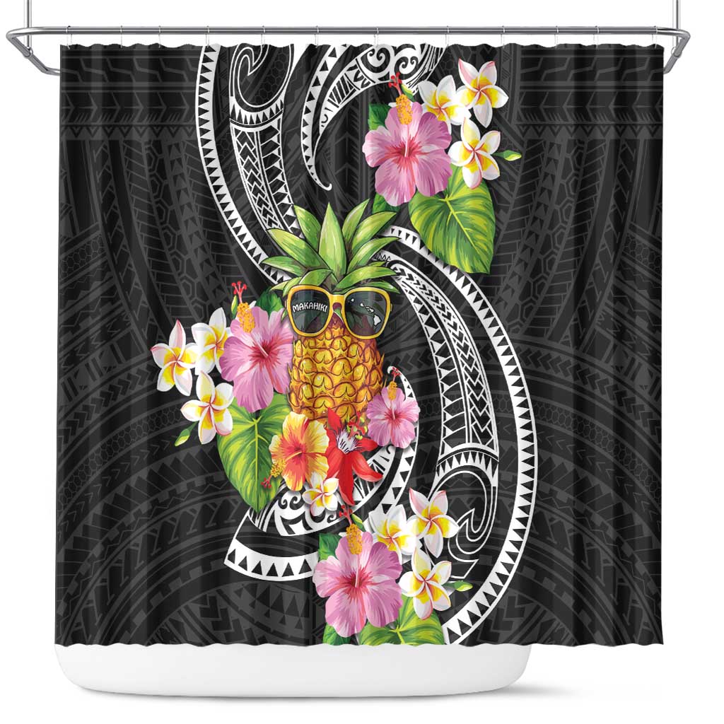 Hau'oli Makahiki Hou Shower Curtain Aloha Pineapple Tropical Vibe