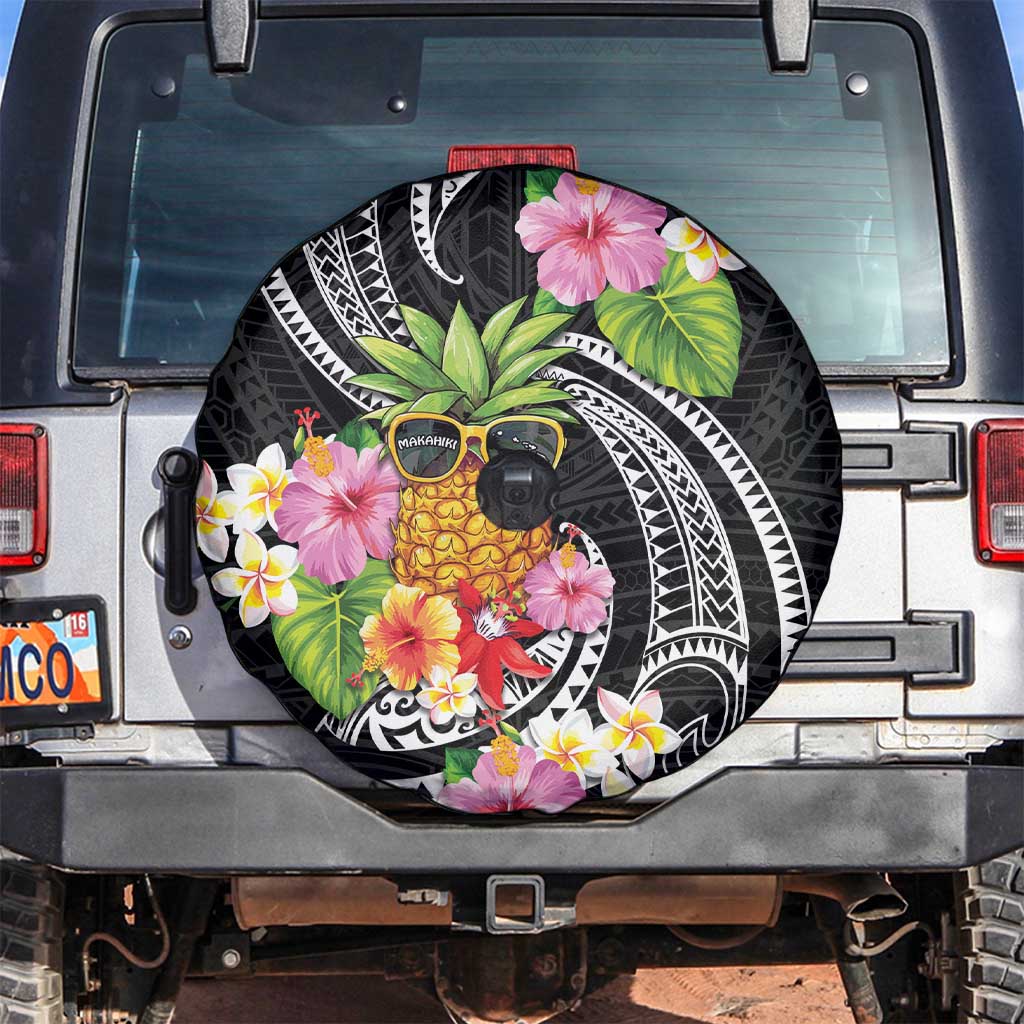 Hau'oli Makahiki Hou Spare Tire Cover Aloha Pineapple Tropical Vibe LT9 Black - Polynesian Pride