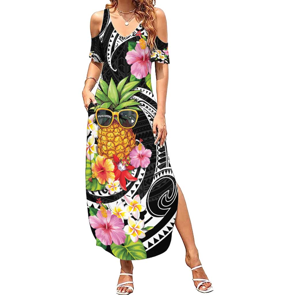 Hau'oli Makahiki Hou Summer Maxi Dress Aloha Pineapple Tropical Vibe LT9 Women Black - Polynesian Pride