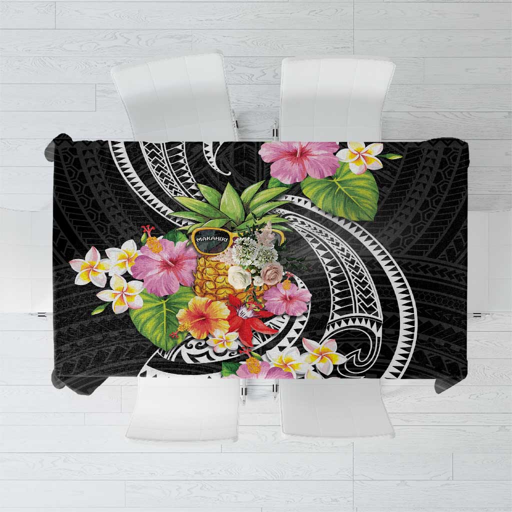 Hau'oli Makahiki Hou Tablecloth Aloha Pineapple Tropical Vibe LT9 Black - Polynesian Pride