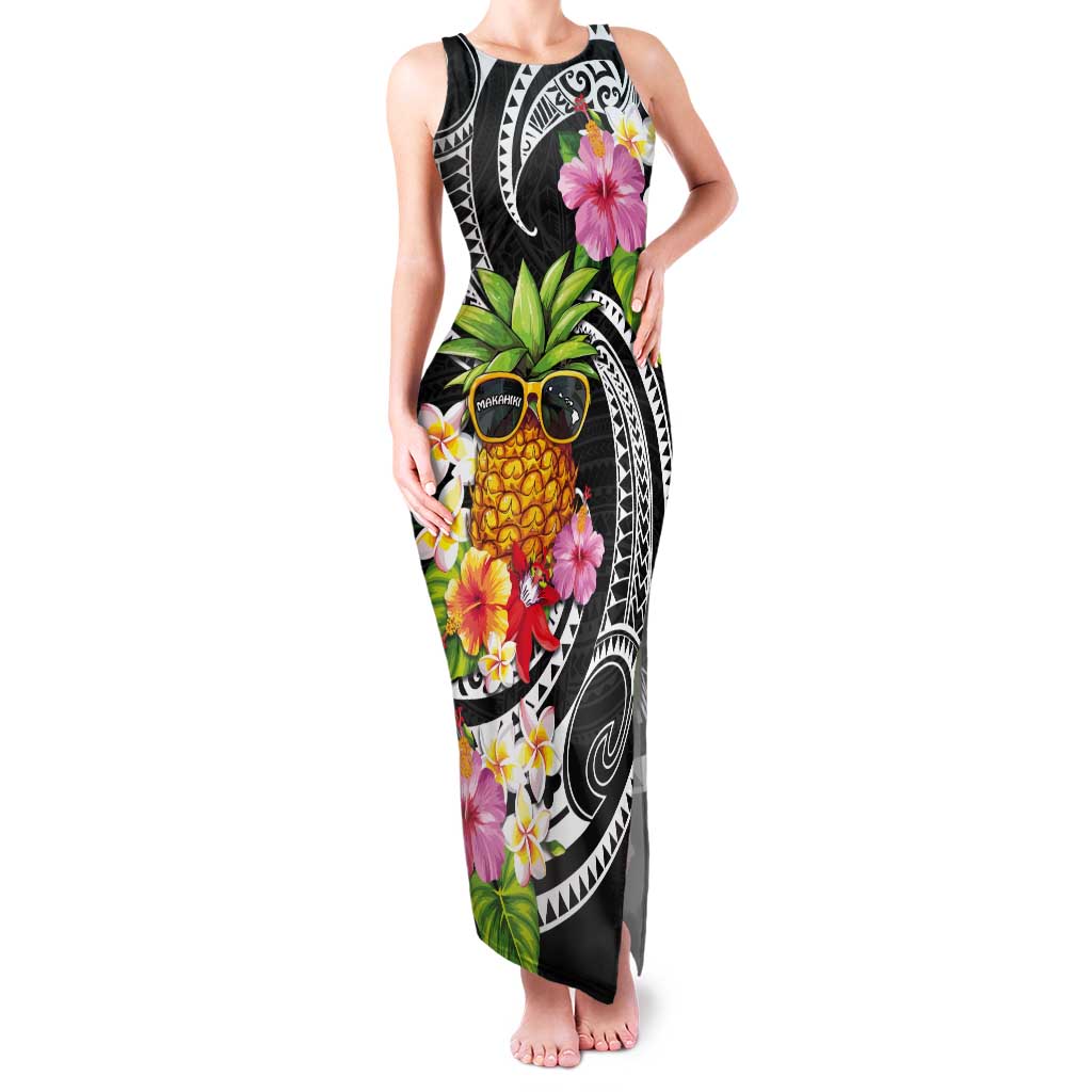 Hau'oli Makahiki Hou Tank Maxi Dress Aloha Pineapple Tropical Vibe LT9 Women Black - Polynesian Pride