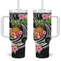 Hau'oli Makahiki Hou Tumbler With Handle Aloha Pineapple Tropical Vibe LT9 One Size: 40 oz Black - Polynesian Pride
