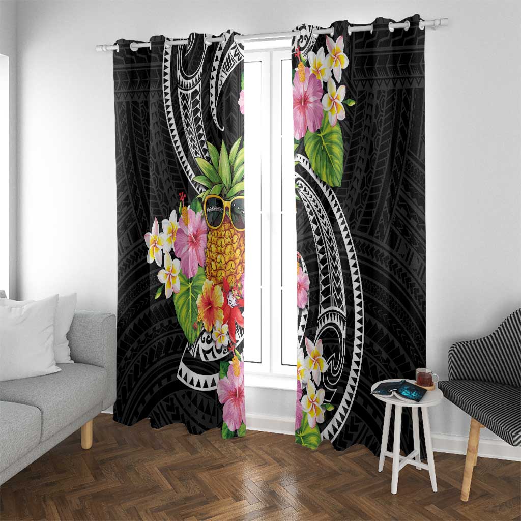 Hau'oli Makahiki Hou Window Curtain Aloha Pineapple Tropical Vibe LT9 With Grommets Black - Polynesian Pride