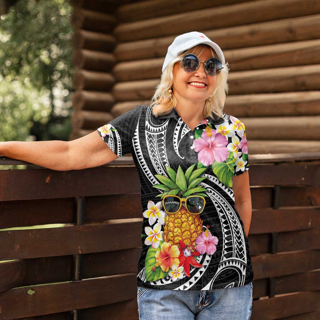 Hau'oli Makahiki Hou Women Polo Shirt Aloha Pineapple Tropical Vibe
