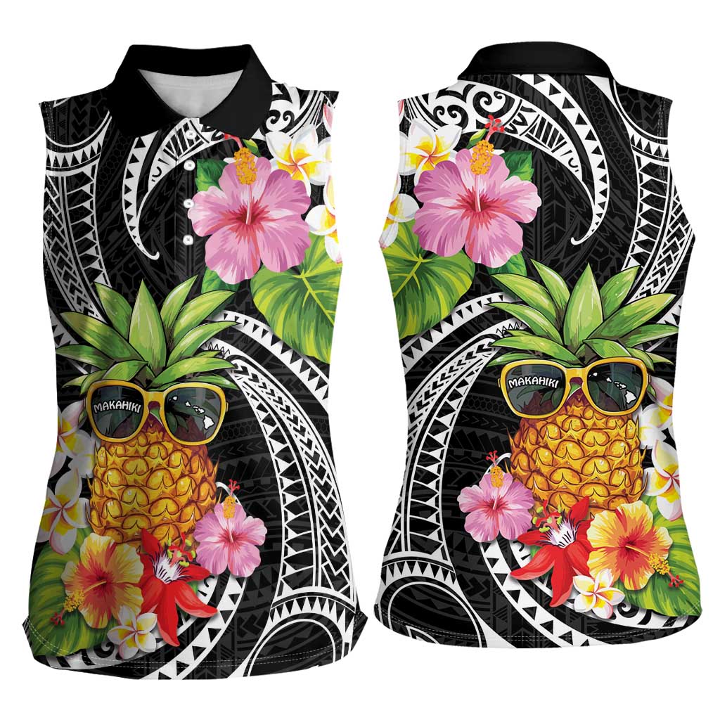 Hau'oli Makahiki Hou Women Sleeveless Polo Shirt Aloha Pineapple Tropical Vibe