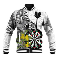 Personalised New Zealand Darts Baseball Jacket Kowhai Floral with Maori Tattoo LT9 Unisex Black - Polynesian Pride
