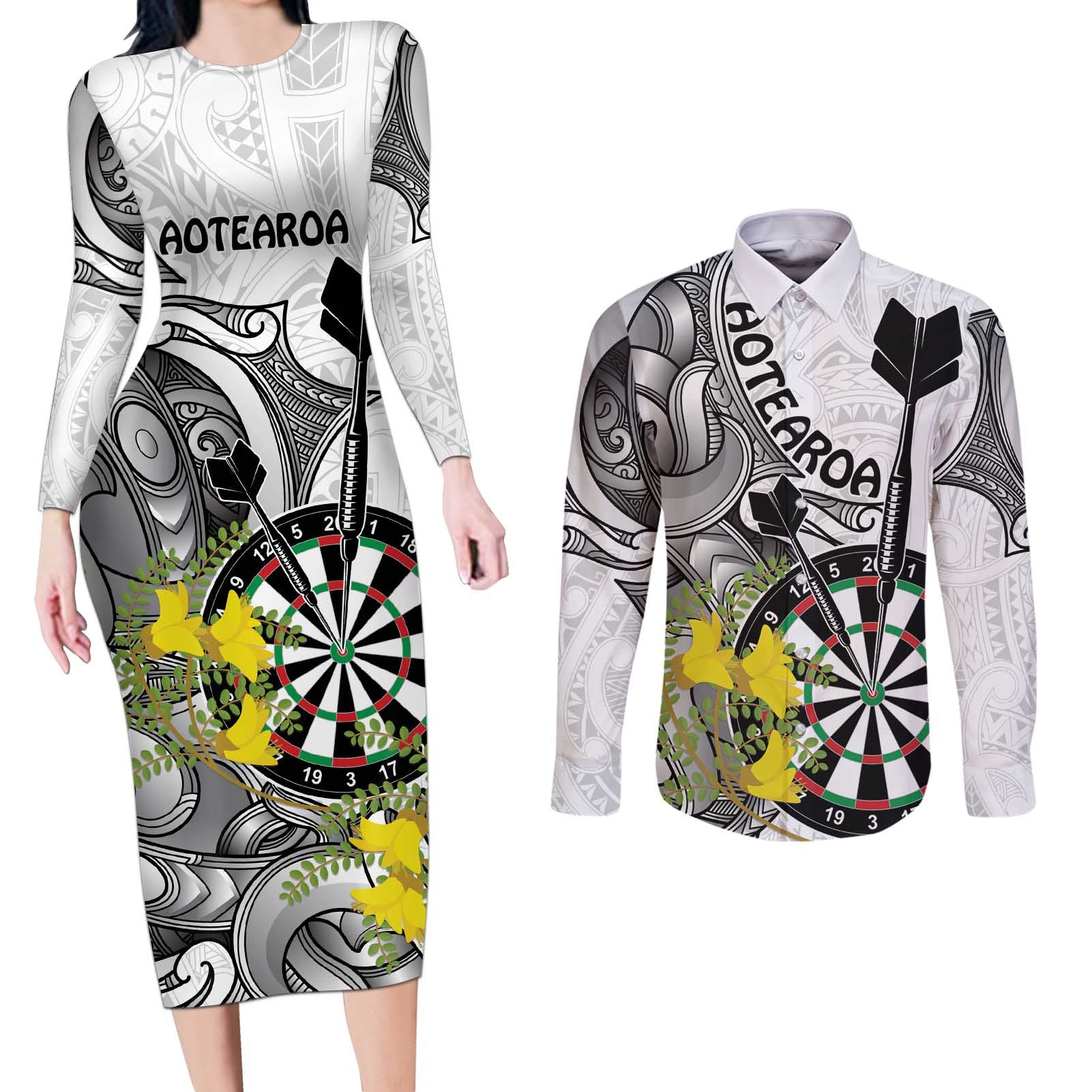 Personalised New Zealand Darts Couples Matching Long Sleeve Bodycon Dress and Long Sleeve Button Shirt Kowhai Floral with Maori Tattoo