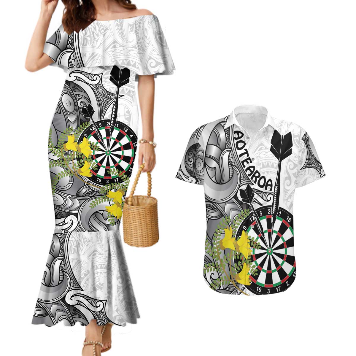 Personalised New Zealand Darts Couples Matching Mermaid Dress and Hawaiian Shirt Kowhai Floral with Maori Tattoo