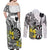 Personalised New Zealand Darts Couples Matching Off Shoulder Maxi Dress and Long Sleeve Button Shirt Kowhai Floral with Maori Tattoo