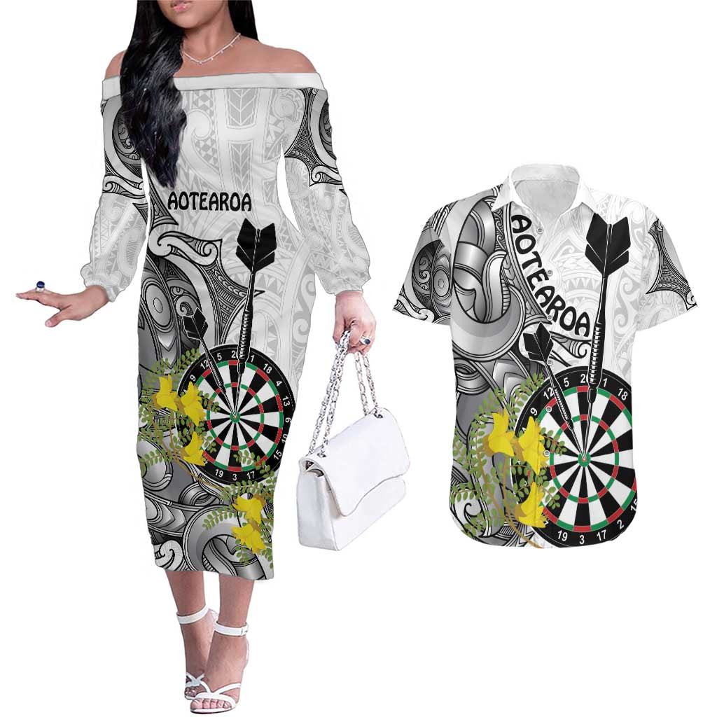 Personalised New Zealand Darts Couples Matching Off The Shoulder Long Sleeve Dress and Hawaiian Shirt Kowhai Floral with Maori Tattoo