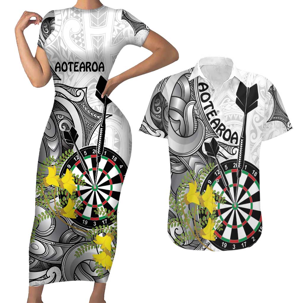 Personalised New Zealand Darts Couples Matching Short Sleeve Bodycon Dress and Hawaiian Shirt Kowhai Floral with Maori Tattoo