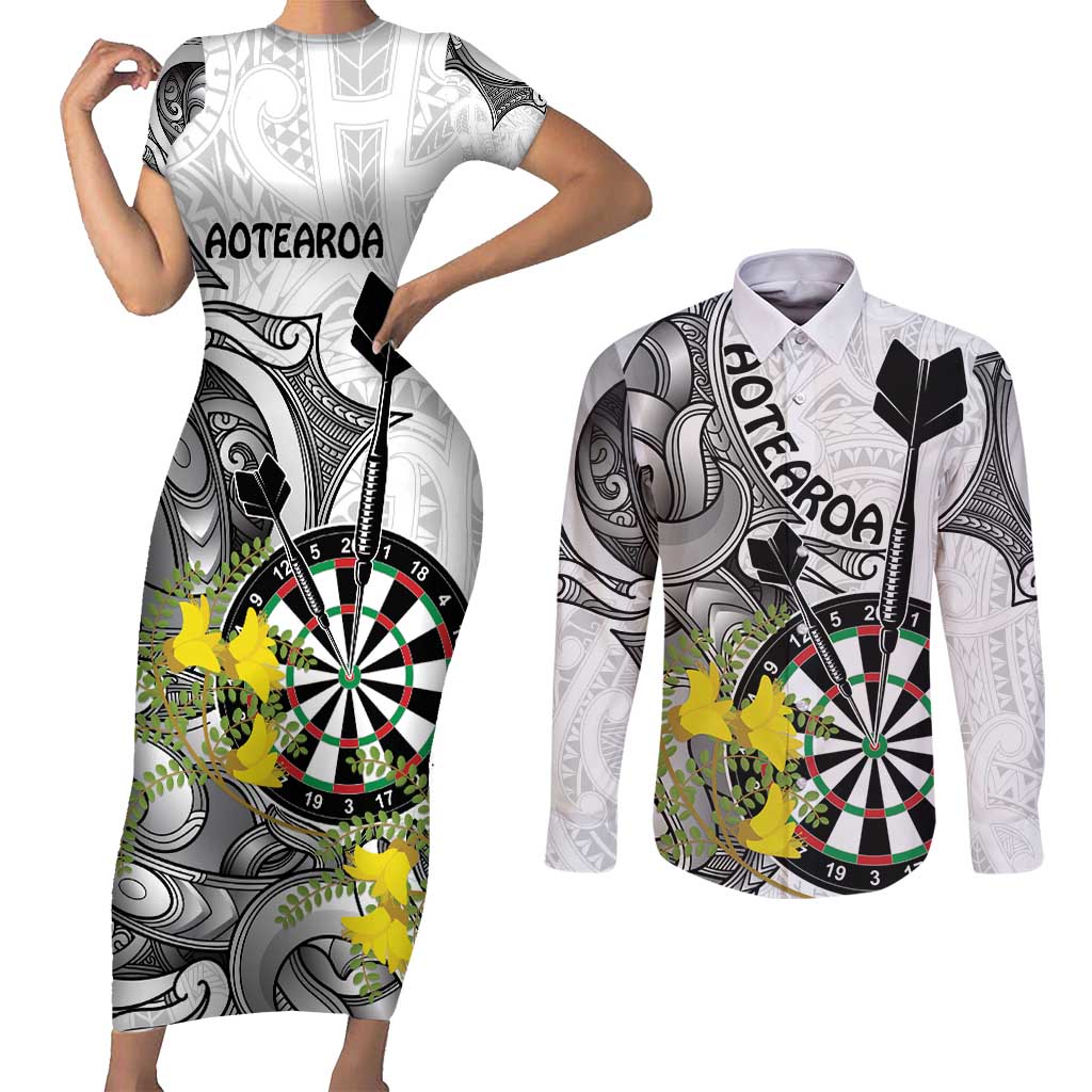 Personalised New Zealand Darts Couples Matching Short Sleeve Bodycon Dress and Long Sleeve Button Shirt Kowhai Floral with Maori Tattoo