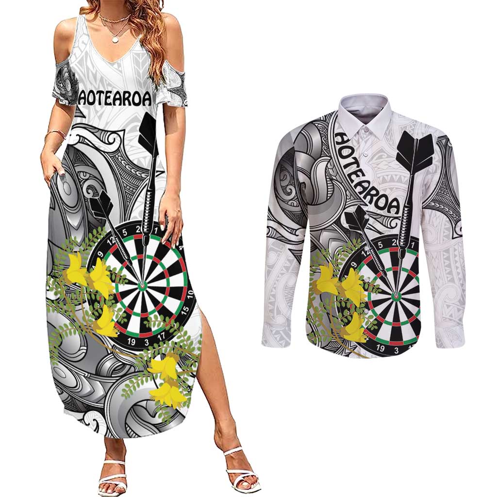 Personalised New Zealand Darts Couples Matching Summer Maxi Dress and Long Sleeve Button Shirt Kowhai Floral with Maori Tattoo